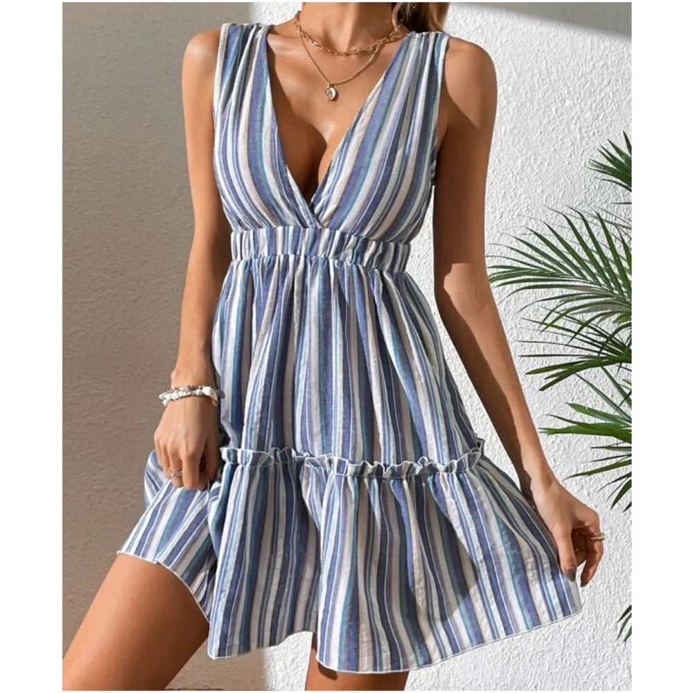 Boho Plunging Neck Striped Backless Mini Dress - Picture 1 of 4